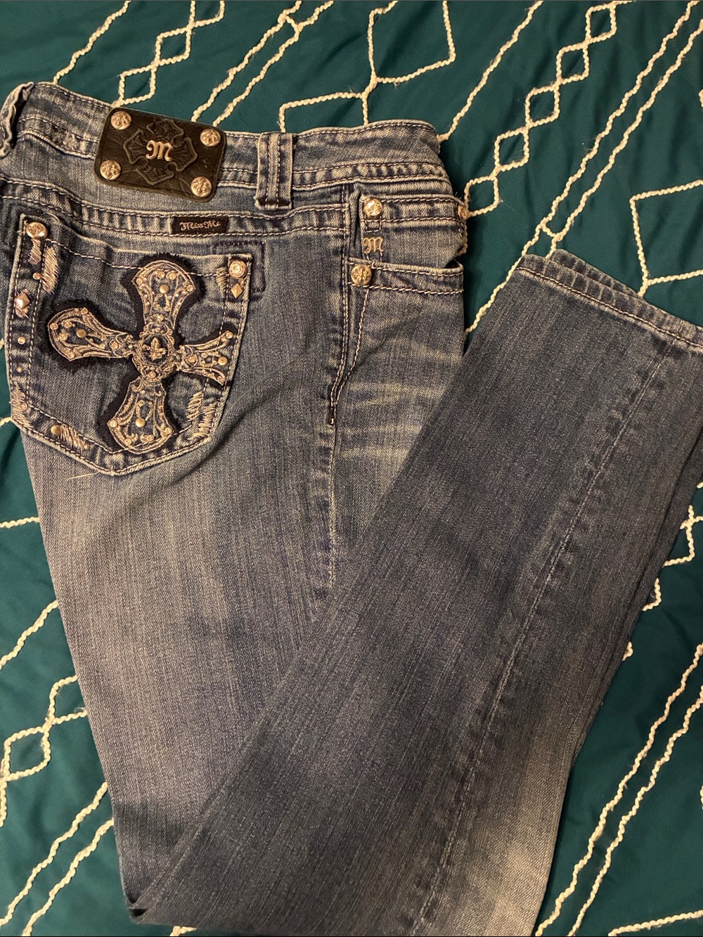 Miss Me Blue Embroidered Cross Skinny Jeans